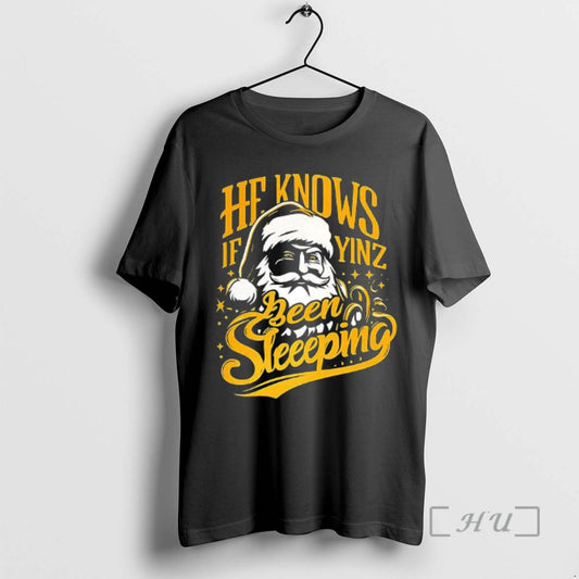 Officials Santa He Knows If Yinz Been Sleeping Pittsburgh Christmas T-Shirts, Hoodie, Sweatshirt | InkThreadWorks.com