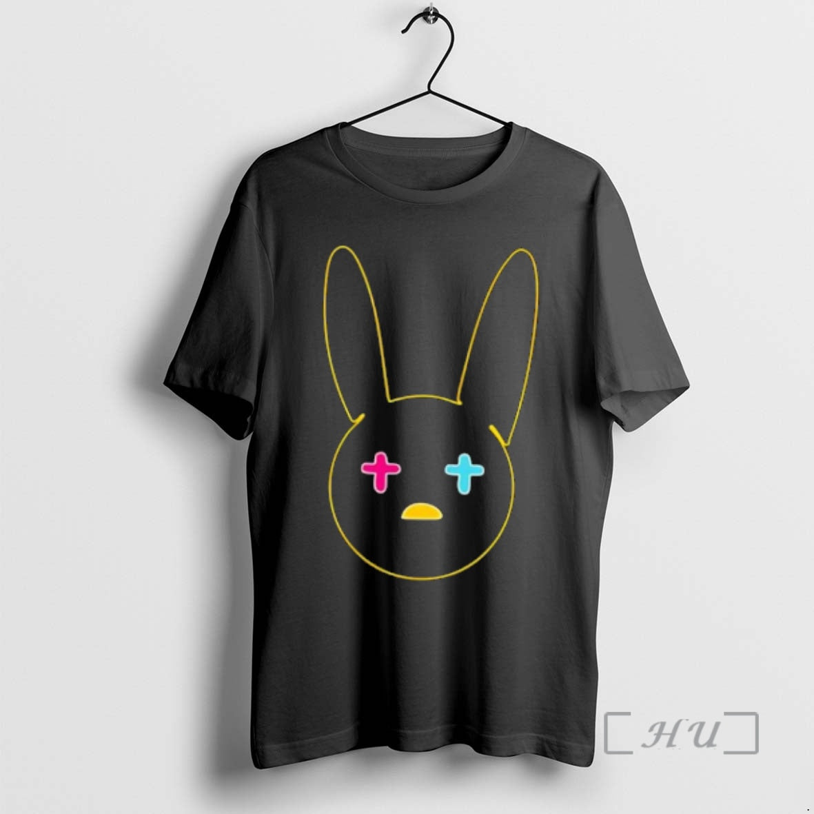 Officials Yellow Neon Outline Bunny Face With Pink Cyan Cross Eyes Premium T Shirts Sweater Hoodie, Sweatshirt
