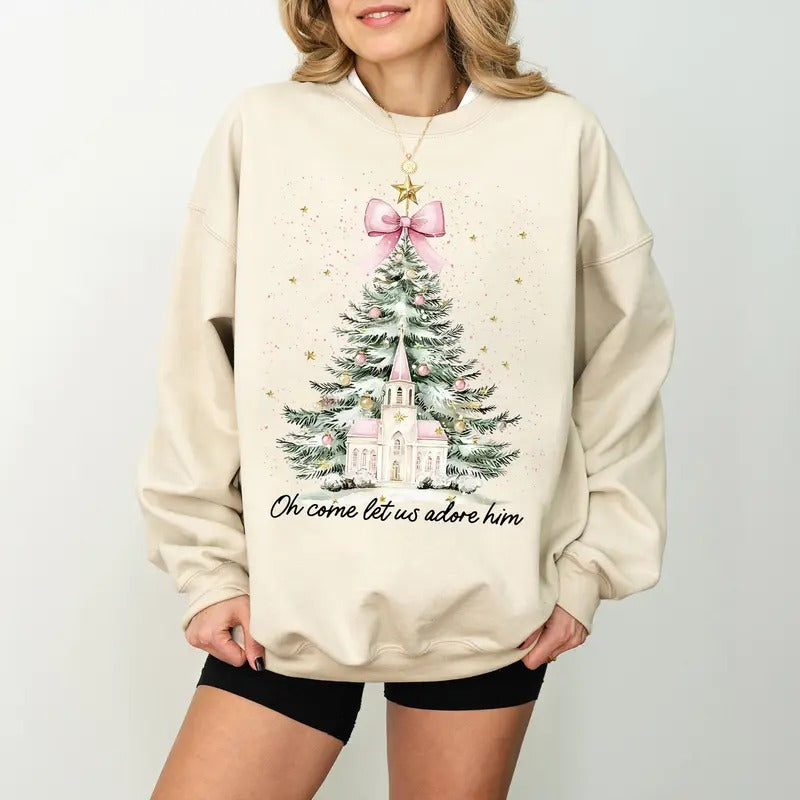Oh Come Let Us Adore Him Sweatshirt, Coquette Bow Christmas Tree Shirt, Nativity Christmas Tee, Sweatshirt Hoodie