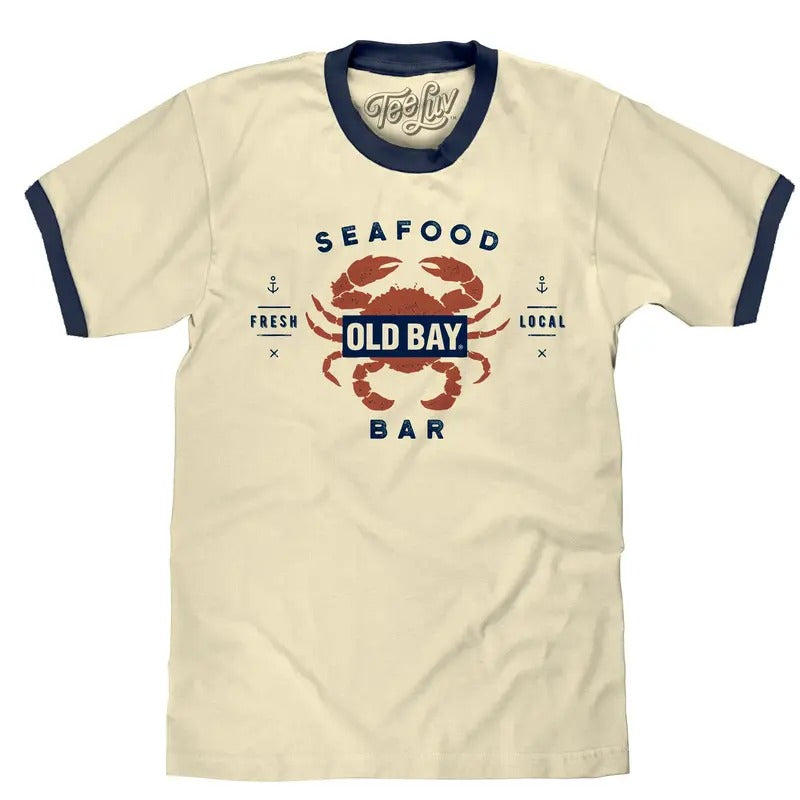 Old  Bay Seafood Bar Lobster Logo Ringer T-Shirt - Beige and Navy