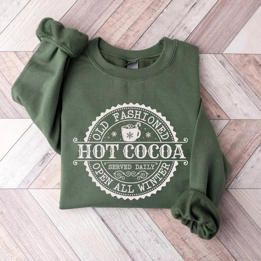 Old Fashioned Hot Cocoa Retro Style Unisex Cotton Sweatshirt, Cozy Christmas Sweater Crewneck Long Sleeve
