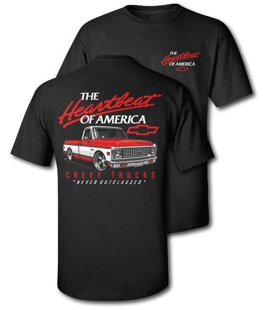Old School Legend Tee Red Chevy 'Never Outclassed' Heather Rust Short Sleeve Crewneck Casual Graphic Top for Fans Menswear Polyester Streetwear Biker Tropical Shortsleeve Tshirt Man Made in USA Vintage Classic Crewneck T-Shirt
