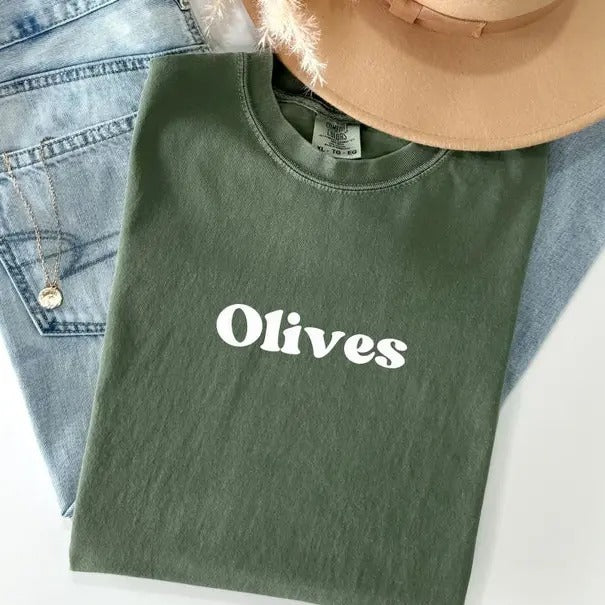 Olives Comfort Colors Shirt, Holiday gift, Gift Graphic T-Shirt, Favorite food Shirt, Olive Lover Menswear Top Classic Collar Cotton Fabric Garment Ring