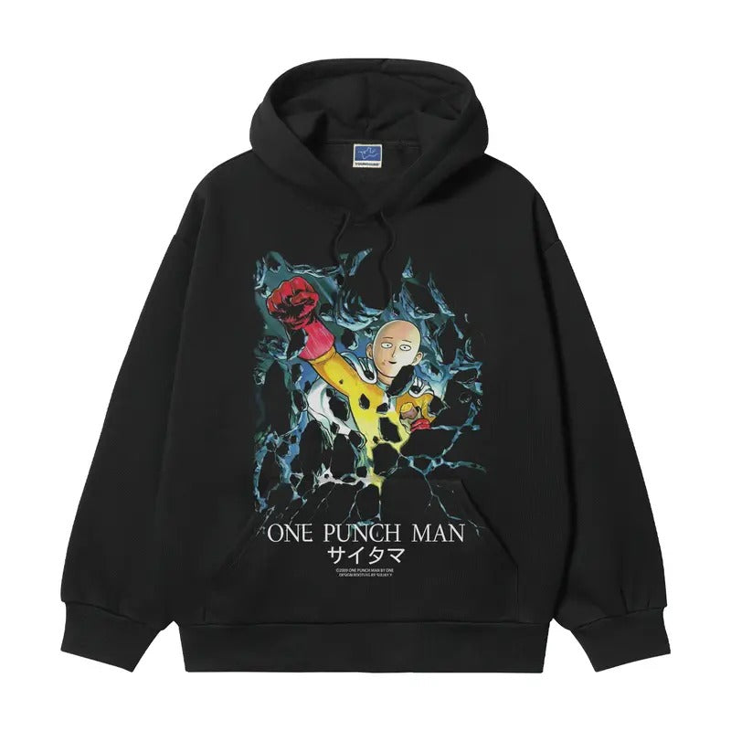 One Punch Man "Saitama" Heavyweight Vintage Hoodie Cotton Blend Classic Anime Sweatshirt Menswear Tops Casual Long Sleeve Black Pullover