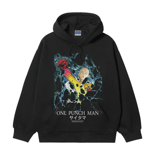 One Punch Man "Saitama" Heavyweight Vintage Hoodie Cotton Blend Classic Anime Sweatshirt Menswear Tops Casual Long Sleeve Black Pullover