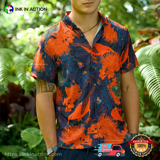 Orange Bird And Flower Art Hawaiian Shirt