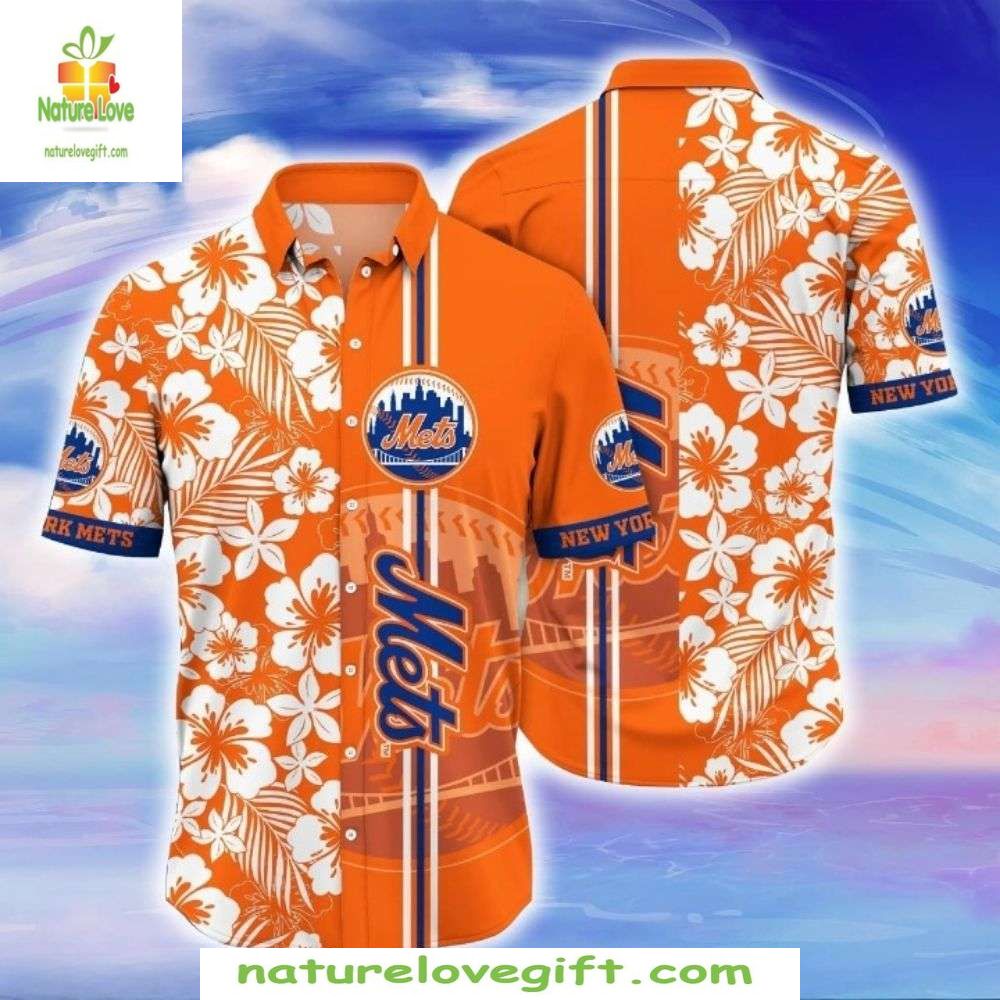 NY Mets Hawaiian Shirt Orange Sunset Palm Silhouette Baseball Apparel