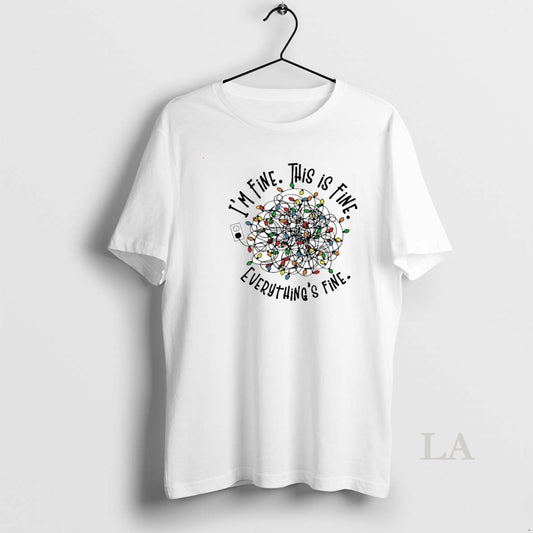 Original Im Fine This Is Fine Everything Is Fine Christmas Lights Circle T-Shirts, Hoodie, Sweatshirt | InkThreadWorks.com