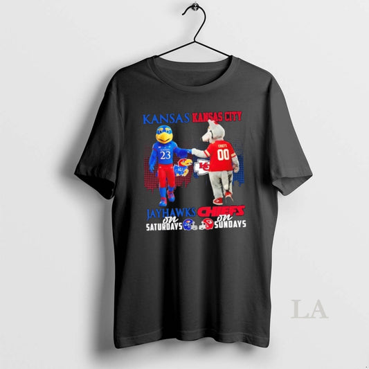 Original Mascots Kansas Jayhawks On Saturdays X Kansas City Chiefs On Sundays Skyline T-Shirts, Hoodie, Sweatshirt