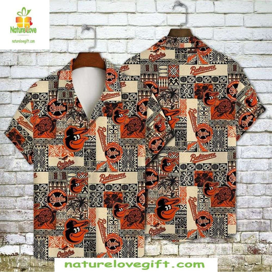 Baltimore Orioles Hawaiian Shirt Black Orange Tribal Team Emblem MLB