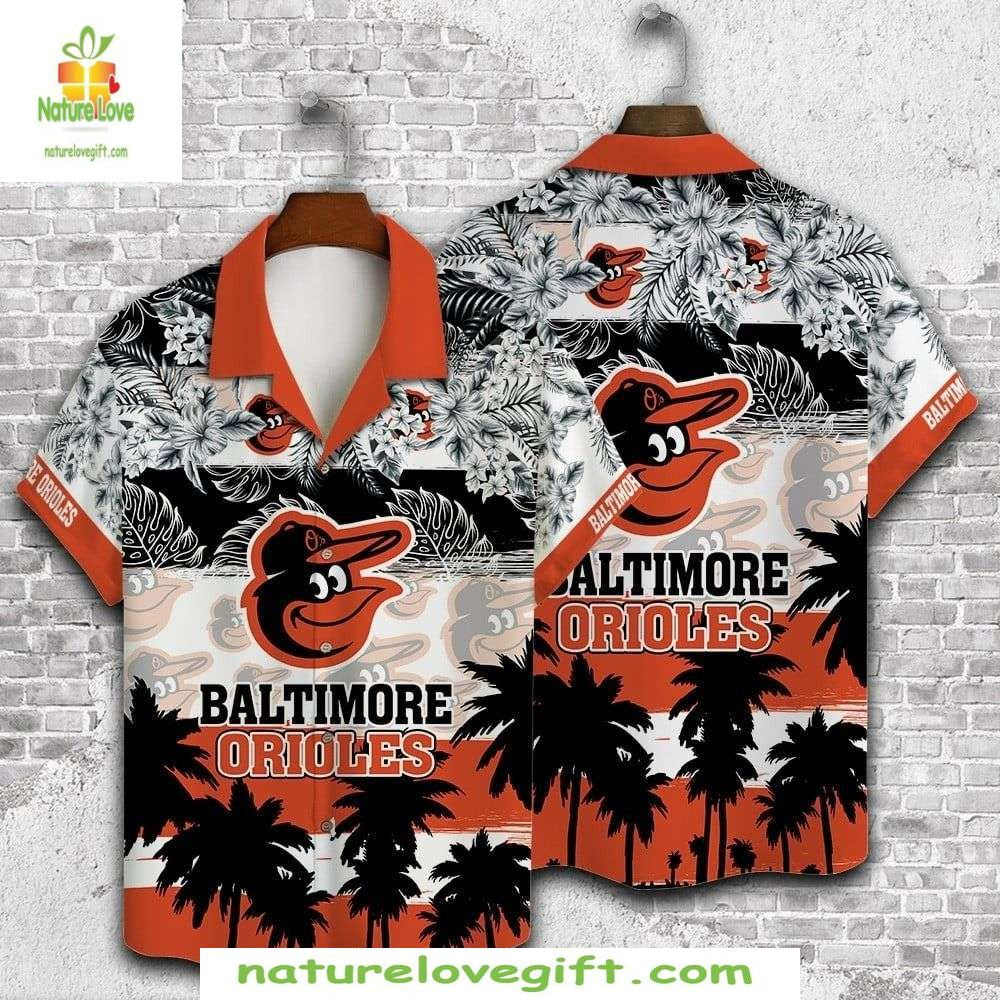 MLB Orioles Hawaiian Shirt Black White Palms Baseball Aloha Apparel