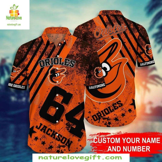 MLB Orioles Aloha Shirt Orange Black Striped Baseball Hawaiian Shirt