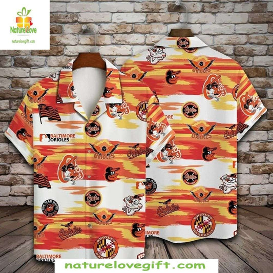 MLB Orioles Hawaiian Shirt Tropical Sunrise Stripe Emblem Baseball Apparel
