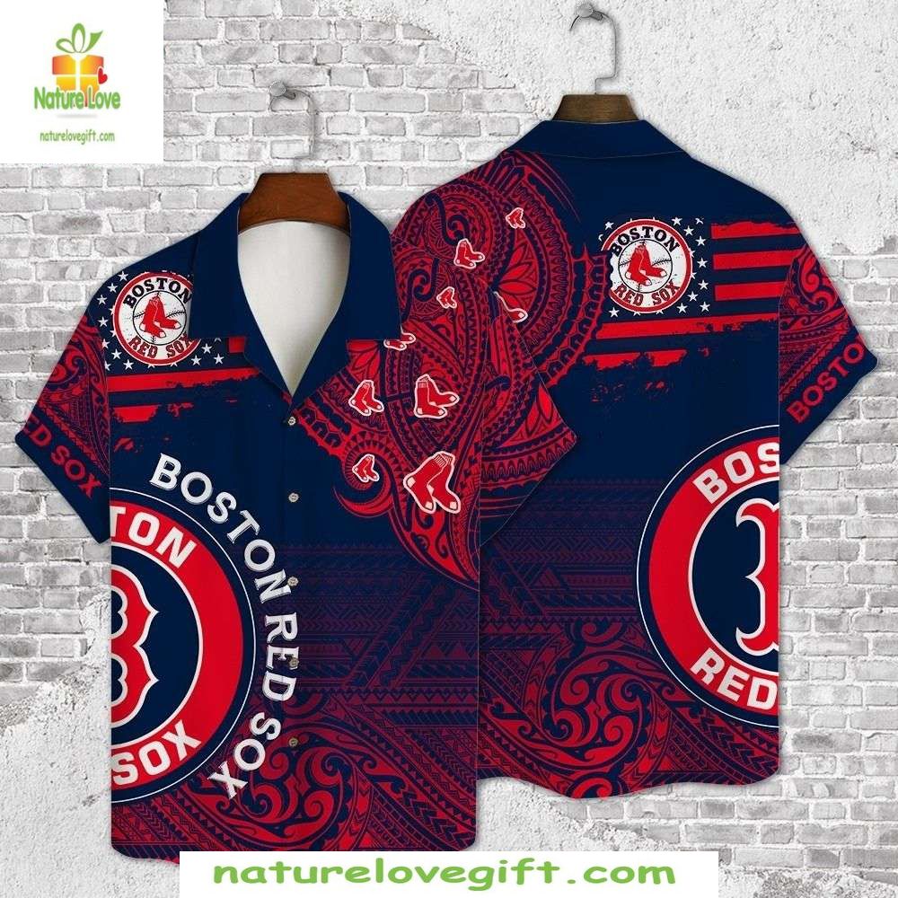 Boston Red Sox Hawaiian Shirt Tribal Design Red Blue Baseball Apparel