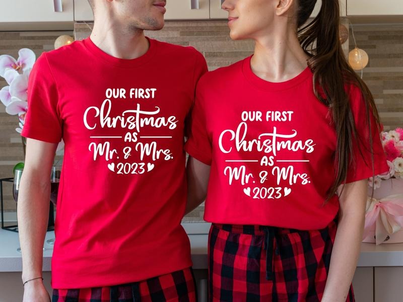 Our First Christmas As Mr And Mrs 2023 Shirt, Matching Couples Christmas T-Shirt, Newly Married Christmas Gift Tee, Wife...