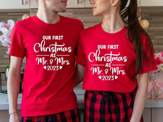 Our First Christmas As Mr And Mrs 2023 Shirt, Matching Couples Christmas T-Shirt, Newly Married Christmas Gift Tee, Wife...