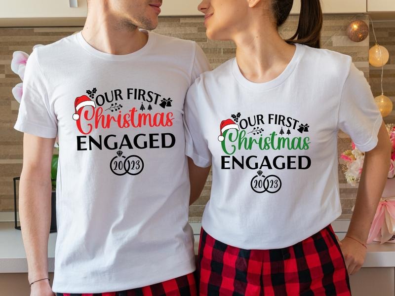Our First Christmas Engaged 2023 Shirt, Matching Couples Christmas T-Shirt, Newly Engaged Christmas Gift Tee, Fiancée Fiancé Tee, Christmas Engagement Announcement Tee.