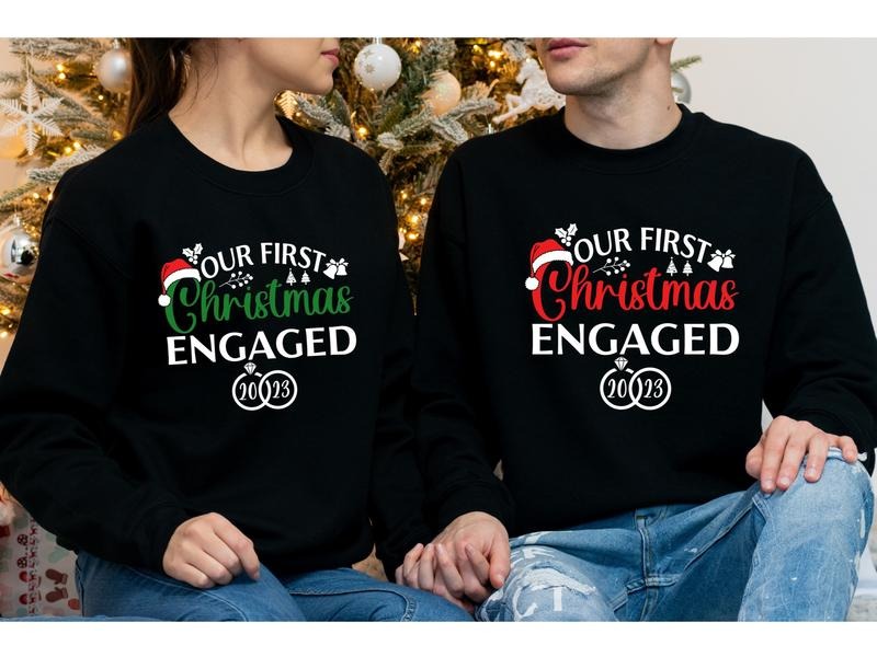 Our First Christmas Engaged 2023 Sweatshirt, Matching Couples Christmas Hoodie, Newly Engaged Christmas Gift Sweatshirt,...