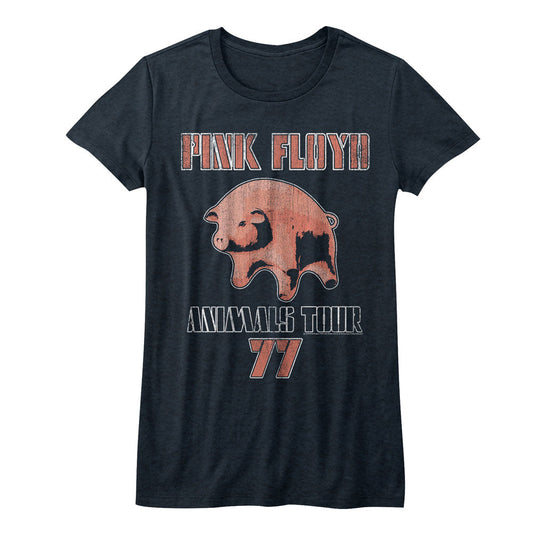 Pink Floyd Girls Juniors S/S T-Shirt - Tour 77 - Heather Navy Heather
