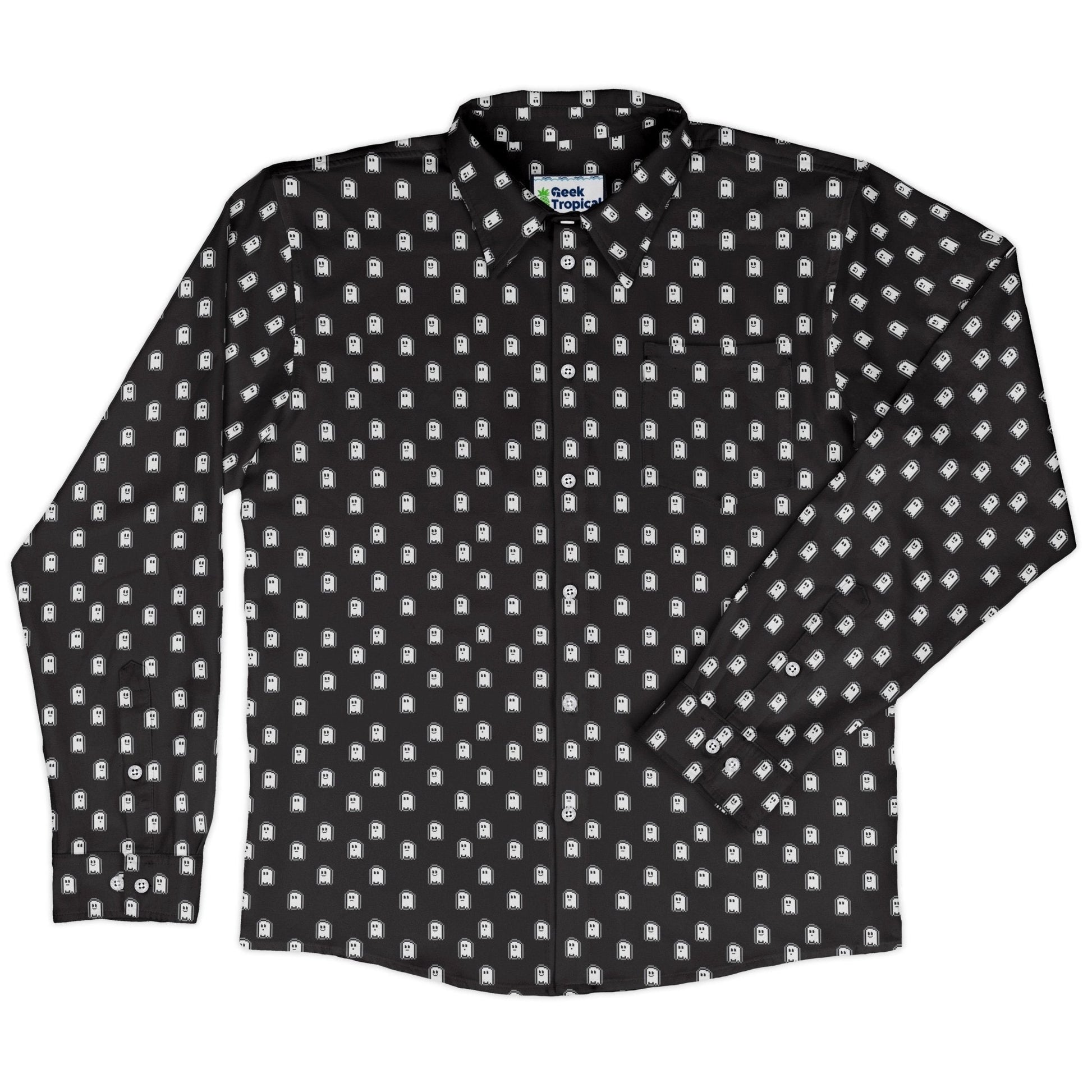 PIxel Ghost Long Sleeve Button Up Shirt