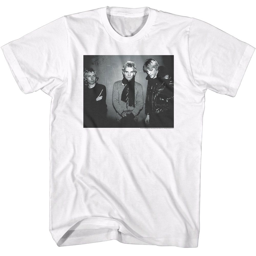 The Police - Black & White Against Wall - American Classics - Solid White Adult Short Sleeve T-Shirt