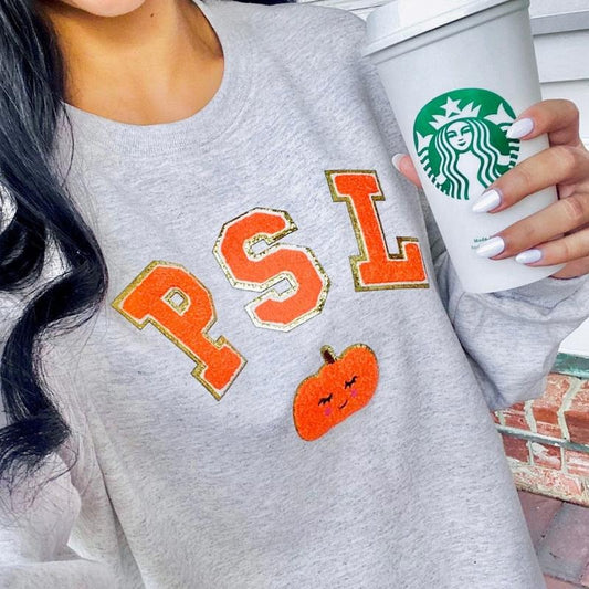 'PSL' Letter Patch Sweatshirt - Pumpkin Spice Latte, Chenille Letter Patches