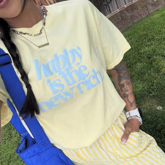 PUFF 'Happy is the New Rich' Neon T-Shirt, 3D PUFF Comfort Colors T-Shirt Hoodie, Sweatshirt | InkThreadWorks.com