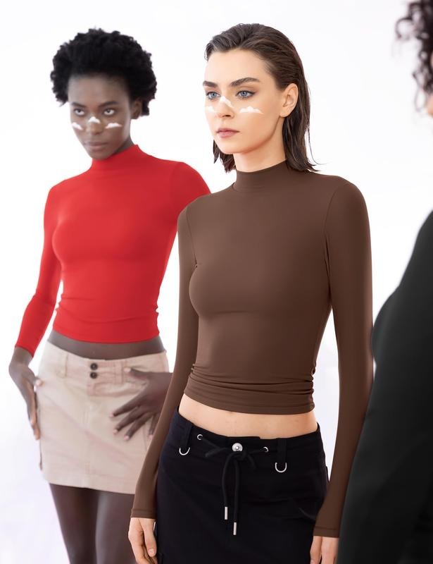 PUMIEY Women's Long Sleeve T Shirts look Mock Turtleneck Slim Fit Tops Sexy Basic Tee Womenswear Underwear Lady Tshirt...