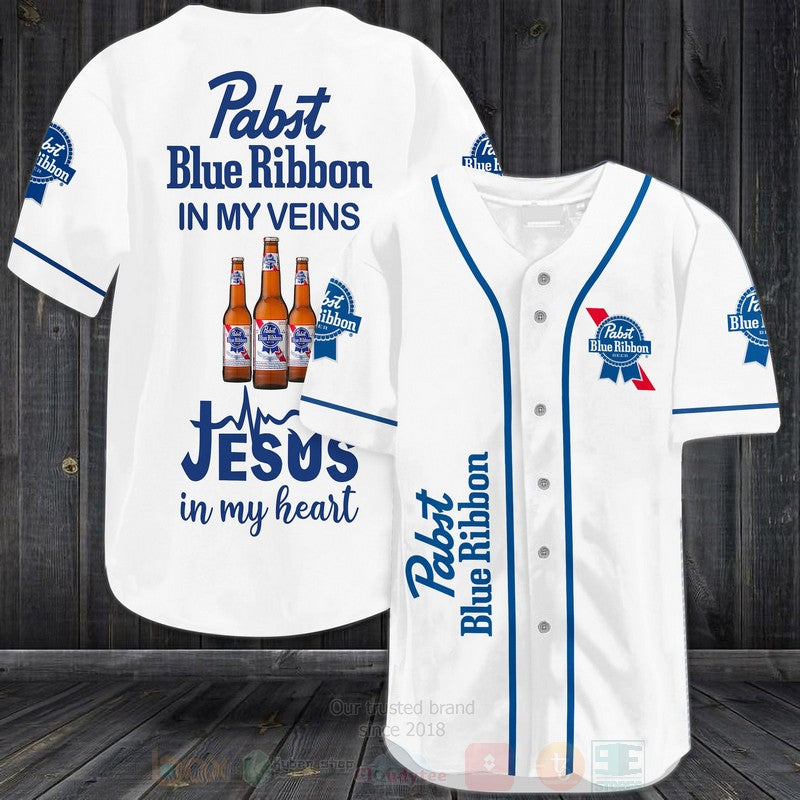 FASHION Pabst Blue Ribbon In My Veins Jesus Is My Heart Baseball Jerseys Botton Shirt