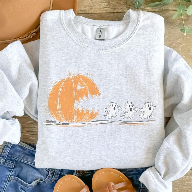 Pac Man Pumpkin Ghost Sweatshirt - Ash Grey - Spooky Sweatshirt T-Shirts, Hoodie | InkThreadWorks.com