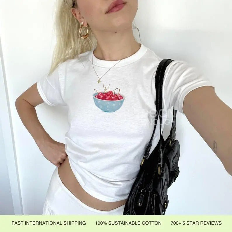 Painted Blue Bowl of Cherries 90s Baby Tee Cotton Fashion Womenswear Hoodie, Sweatshirt | InkThreadWorks.com