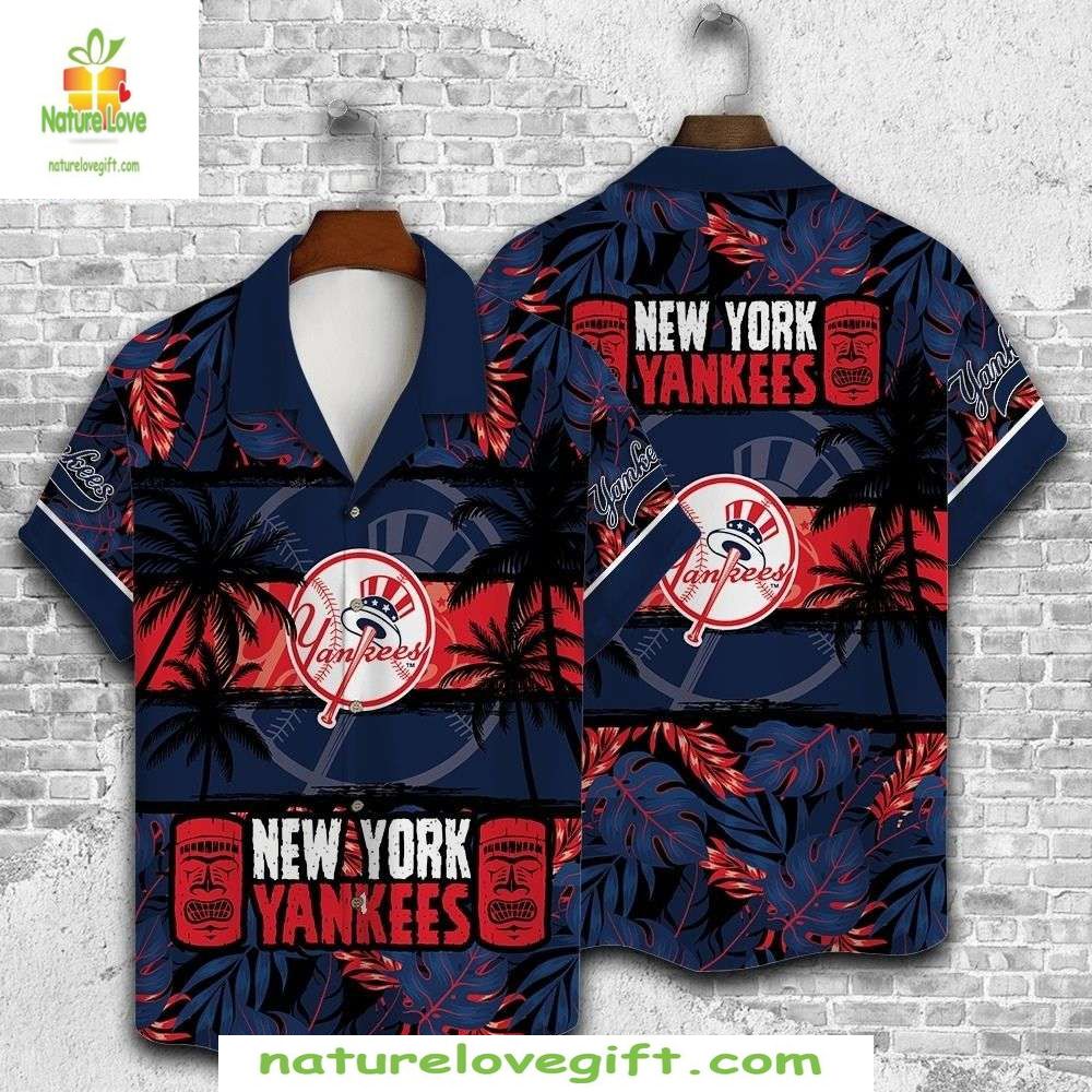 NY Yankees Hawaiian Shirt Navy Sunset Palms Tropical Baseball Apparel