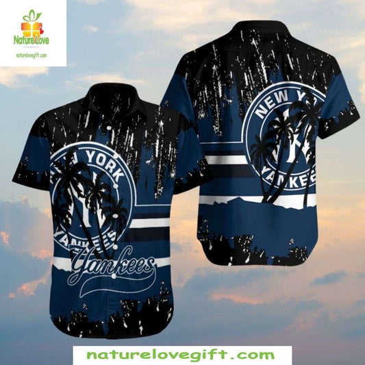 NY Yankees Hawaiian Shirt Palm Silhouette Splattered Paint Backdrop Baseball Apparel