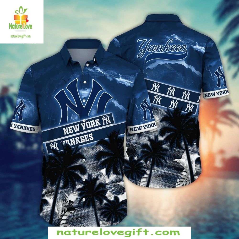NY Yankees Hawaiian Shirt Palm Tree Shadow Aloha Baseball Apparel