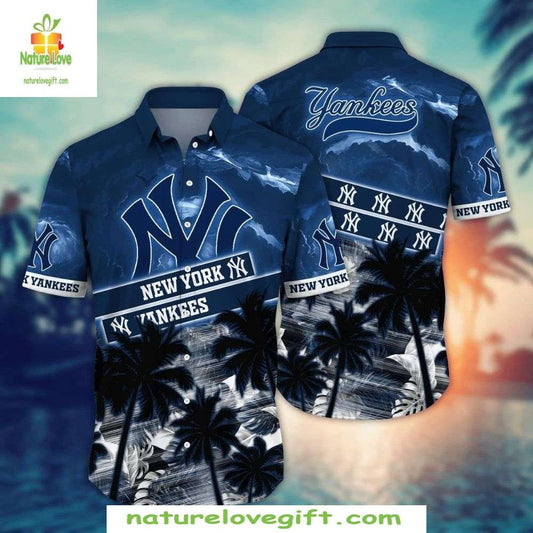 NY Yankees Hawaiian Shirt Palm Tree Shadow Aloha Baseball Apparel