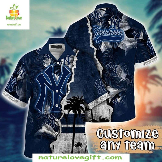 NY Yankees Hawaiian Shirt Personalized Palm Tree Sunset Baseball Apparel
