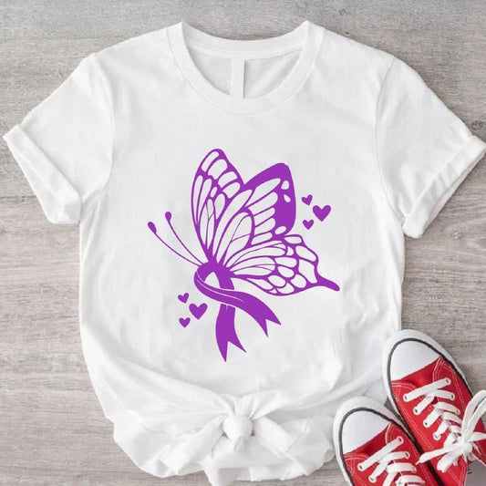 Pancreatic Cancer Awareness T-Shirt, Purple Ribbon Butterfly Shirt, Matching Cancer Support Tee, Unisex Pancreatic Cancer...