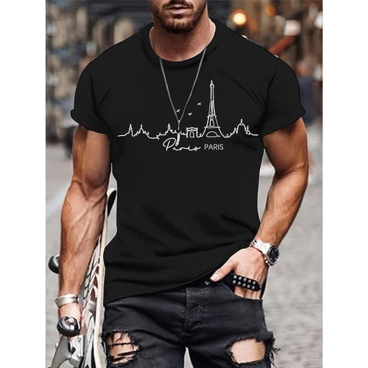 Paris Eiffel Tower Graphic Print T-Shirt for Men - Casual Crew Neck Cotton Tee with Slight Stretch, Knit Fabric Regular Fit Shirt Made in USA