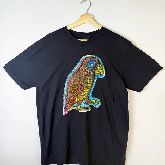 Parrot Hand printed Woodcut Appliqued T Shirt Cotton Menswear apparel graphic  tees Casual Tshirt
