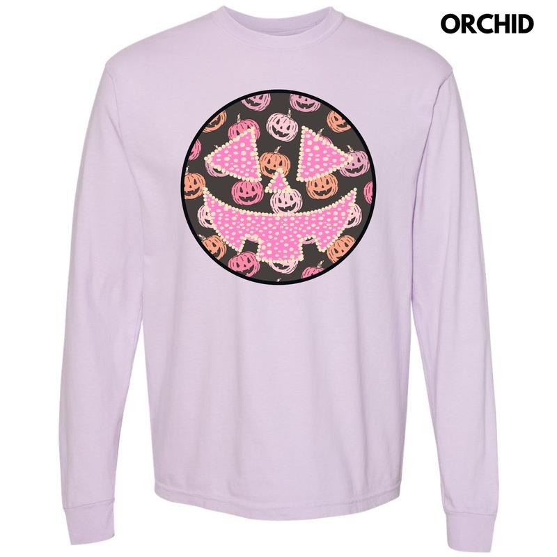 Pastel Jack O Lantern Happy Face Long Sleeve Comfort Colors T-Shirt 'NLB' Hoodie, Sweatshirt | InkThreadWorks.com