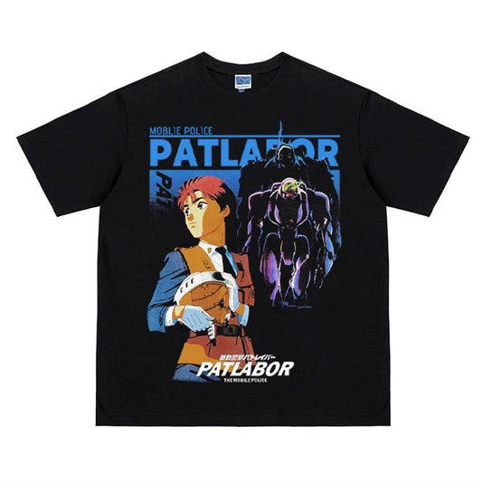 Patlabor "Pilot" Heavyweight Vintage Tee 100% Cotton OVERSIZED Anime T-shirt Menswear Top Crew Necks Tshirt Casual Streetwear Black Crewneck