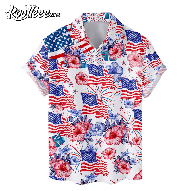 Patriotic 4th Of July Flower American Flag Hawaiian Shirt