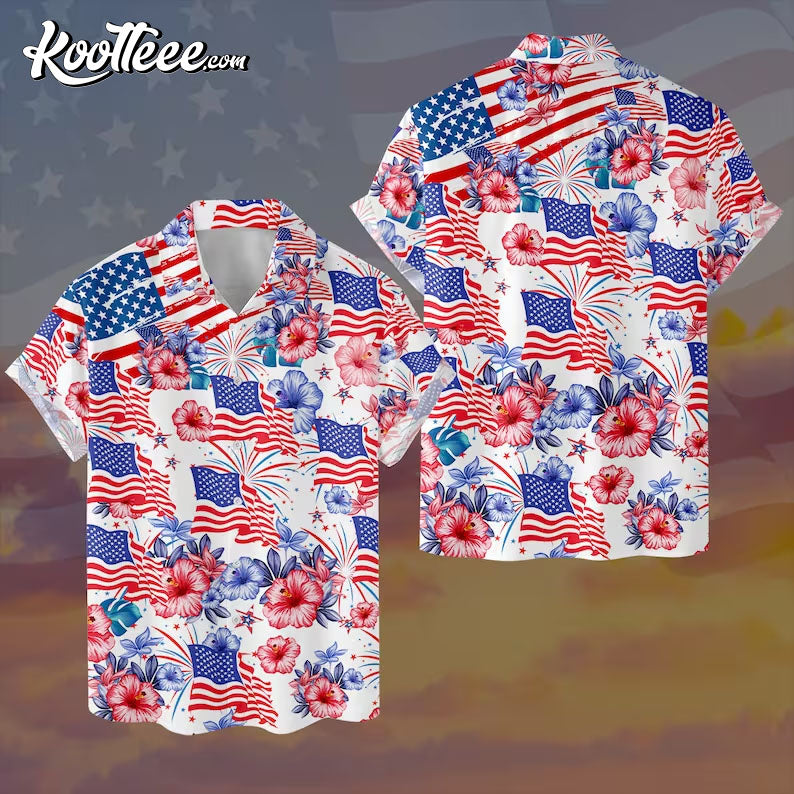 Patriotic 4th Of July Flower American Flag Hawaiian Shirt