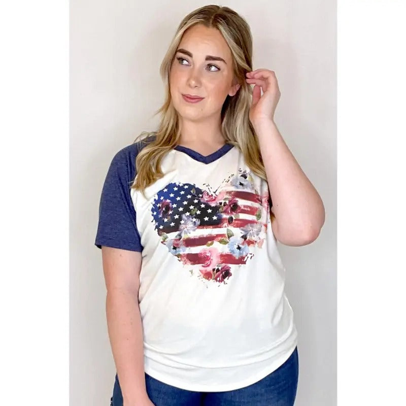 Patriotic Floral Heart V-Neck Cotton Fabric T-Shirts, Hoodie, Sweatshirt | InkThreadWorks.com