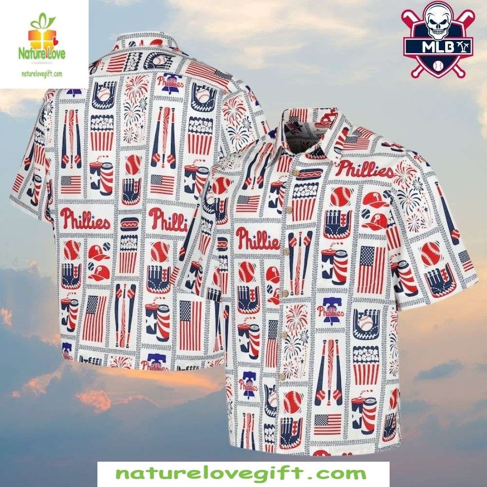 MLB Phillies Hawaiian Shirt Patriotic Fireworks Aloha Baseball Apparel