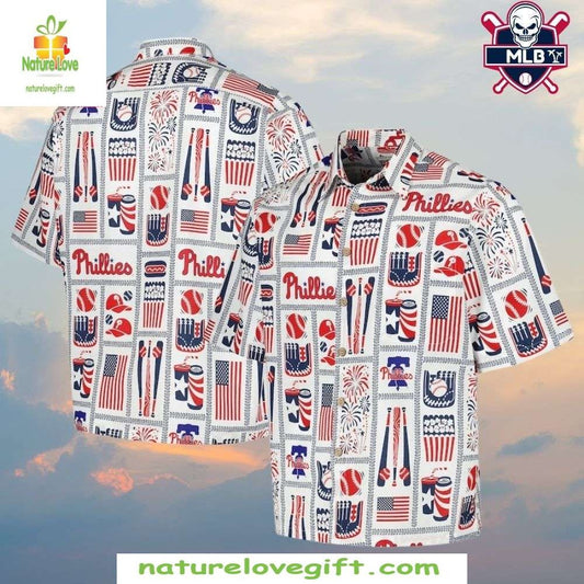 MLB Phillies Hawaiian Shirt Patriotic Fireworks Aloha Baseball Apparel