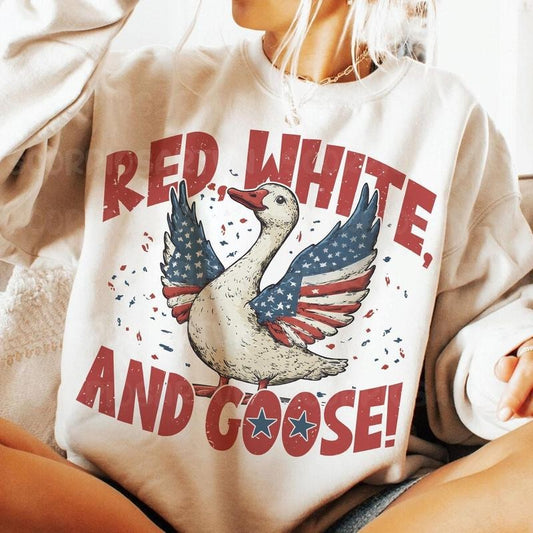 Patriotic Red White and Goose Crewneck Sweatshirt, Retro 4th of July Goose Coquette Bow Tee, Funny July 4th Independence...