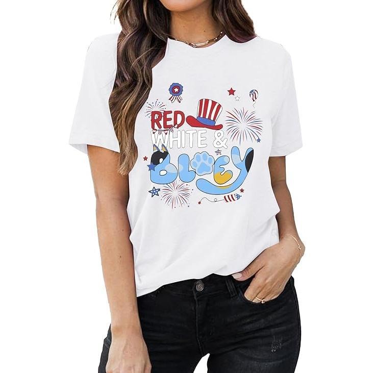 Patriotic Shirts for Women 4th of July Independence Day T-Shirt Red White and Blue Letter Cute Dog Short Sleeve T-Shirts...