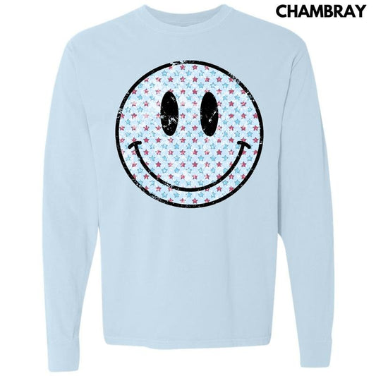 Patriotic Stars Happy Face Long Sleeve Comfort Colors T-Shirt 'NLB' Hoodie, Sweatshirt | InkThreadWorks.com