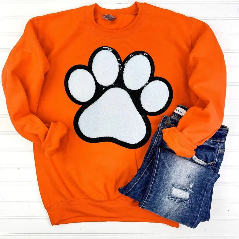 Paw Chenille Sequin Patch Sweatshirt -- ORANGE T-Shirts, Hoodie | InkThreadWorks.com